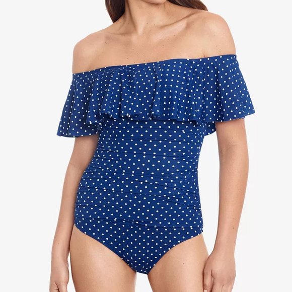 Lauren Ralph Lauren Pin Dot Ruffled Off-The-Shoulder One-Piece Swimsuit - Picture 1 of 2
